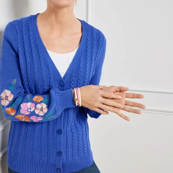 NWT Talbots Embroidered Cable Knit Cardigan Biscayne Blue Combo Floral Size 1X - Picture 1 of 8